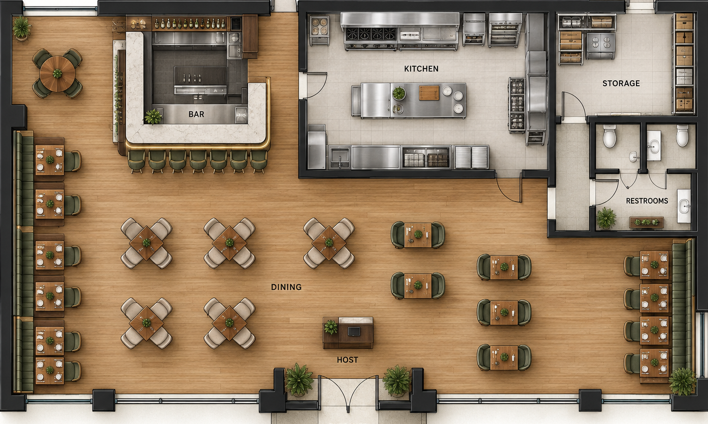Beispiel eines digitalen Tischplans in DineIn mit Grundriss eines Restaurants